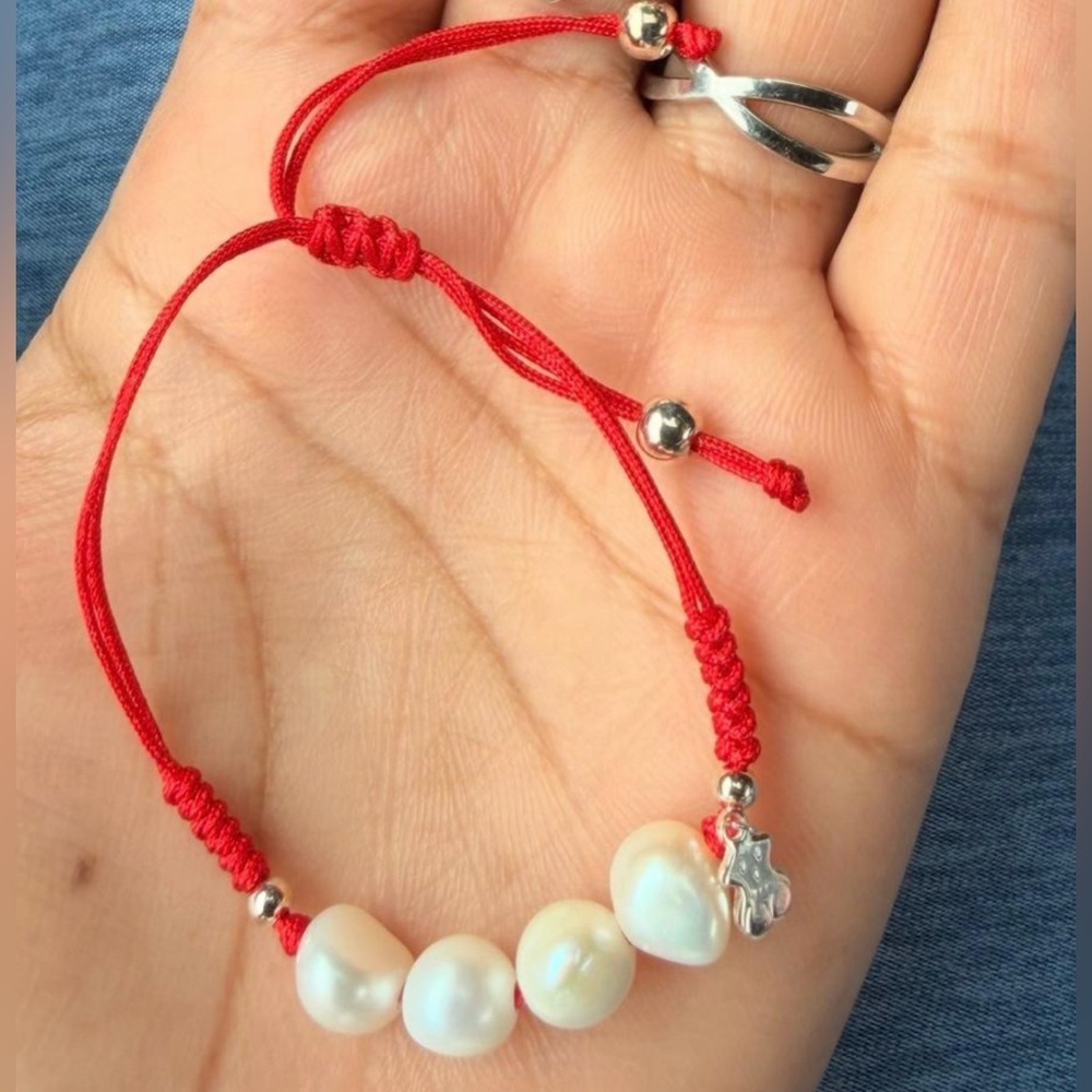 Tous Red Cord Bracelet with White Pearls